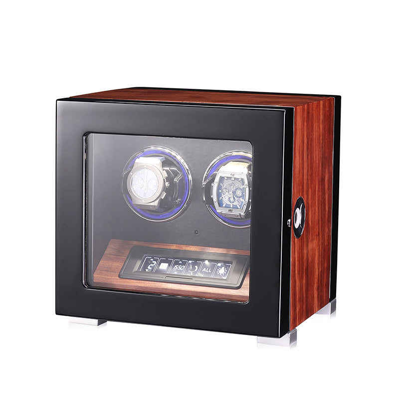 ARACHVIA 2-Watch Winder with Fingerprint Lock, Touchscreen & Color-Changing LED Lighting – Rosewood Finish