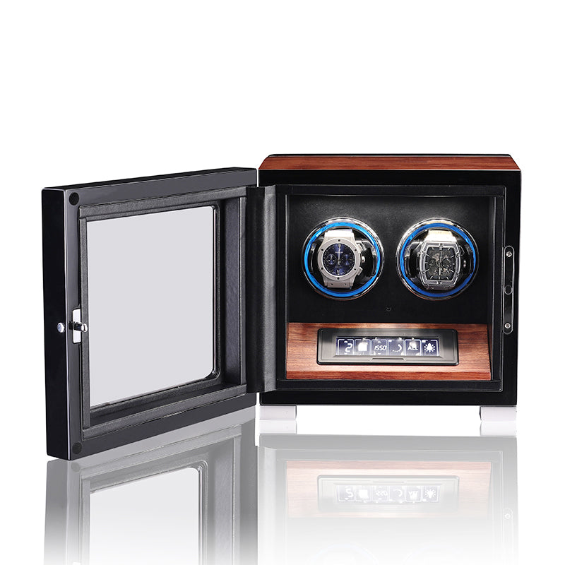 ARACHVIA 2-Watch Winder with Fingerprint Lock, Touchscreen & Color-Changing LED Lighting – Rosewood Finish
