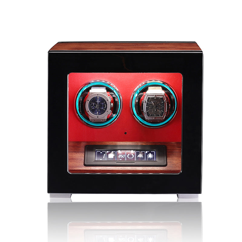 ARACHVIA 2-Watch Winder with Fingerprint Lock, Touchscreen & Color-Changing LED Lighting – Rosewood Finish