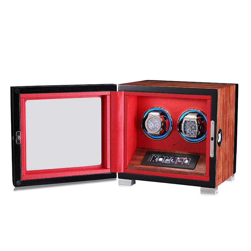 ARACHVIA 2-Watch Winder with Fingerprint Lock, Touchscreen & Color-Changing LED Lighting – Rosewood Finish