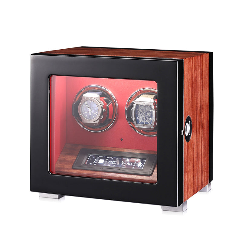 ARACHVIA 2-Watch Winder with Fingerprint Lock, Touchscreen & Color-Changing LED Lighting – Rosewood Finish