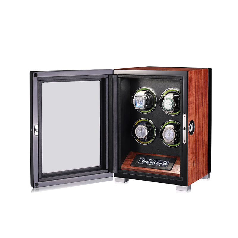 ARACHVIA 4-Watch Winder with Fingerprint Lock, Touchscreen & Warm LED Lighting – Rosewood Finish
