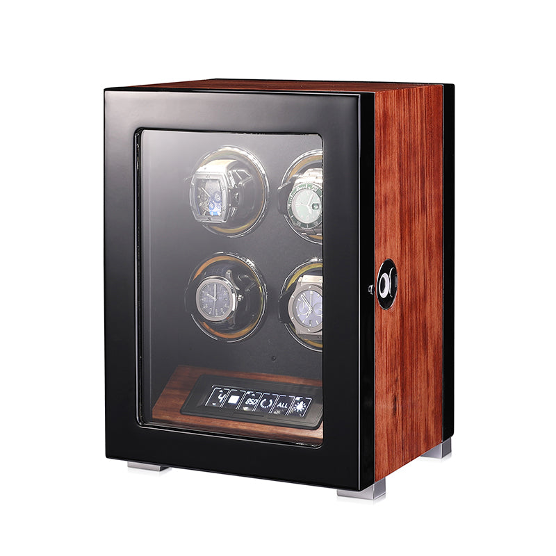 ARACHVIA 4-Watch Winder with Fingerprint Lock, Touchscreen & Warm LED Lighting – Rosewood Finish