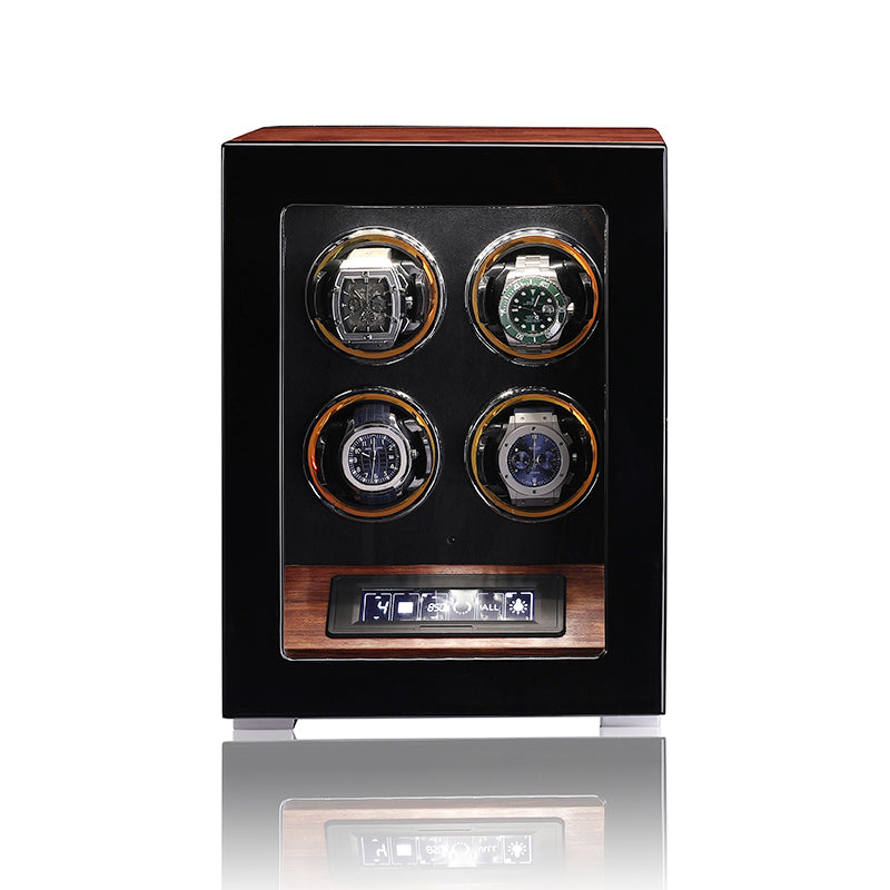 ARACHVIA 4-Watch Winder with Fingerprint Lock, Touchscreen & Warm LED Lighting – Rosewood Finish