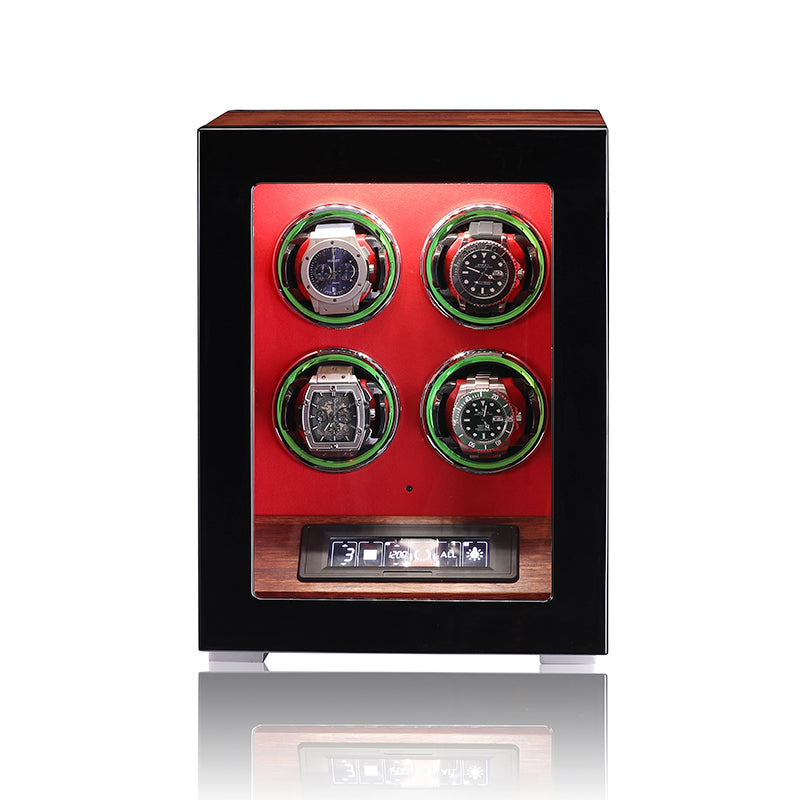 ARACHVIA 4-Watch Winder with Fingerprint Lock, Touchscreen & Warm LED Lighting – Rosewood Finish